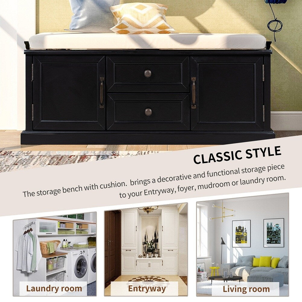 Storage Bench w/2 Drawers & 2 cabinets, Shoe Bench w/Removable Cushion