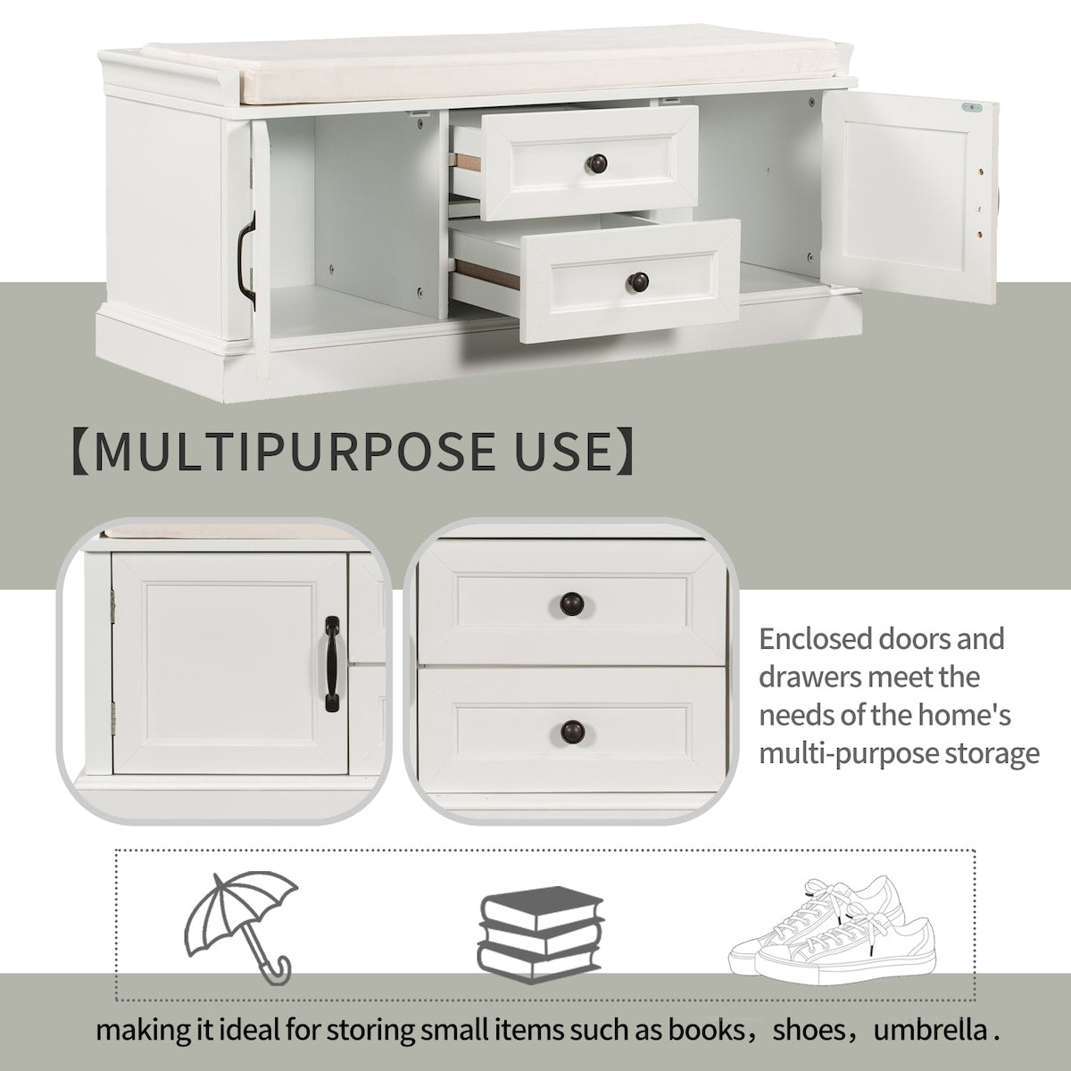 Storage Bench with 2 Drawers and 2 Cabinets, Shoe Bench with Removable Cushion