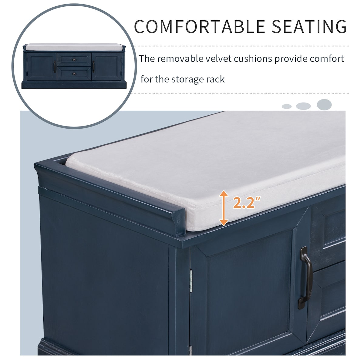 Storage Bench with 2 Drawers and 2 Cabinets, Shoe Bench with Removable Cushion