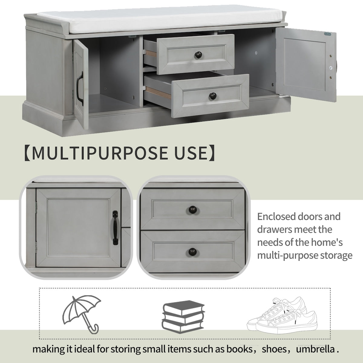 Storage Bench with 2 Drawers and 2 Cabinets, Shoe Bench with Removable Cushion