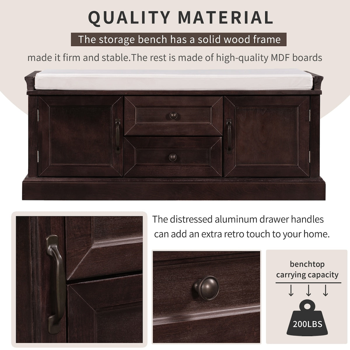 Storage Bench with 2 Drawers and 2 Cabinets, Shoe Bench with Removable Cushion