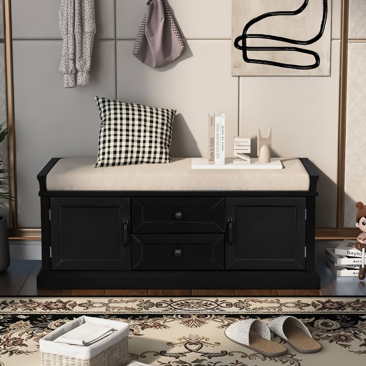 Storage Bench with 2 Drawers and 2 Cabinets, Shoe Bench with Removable Cushion