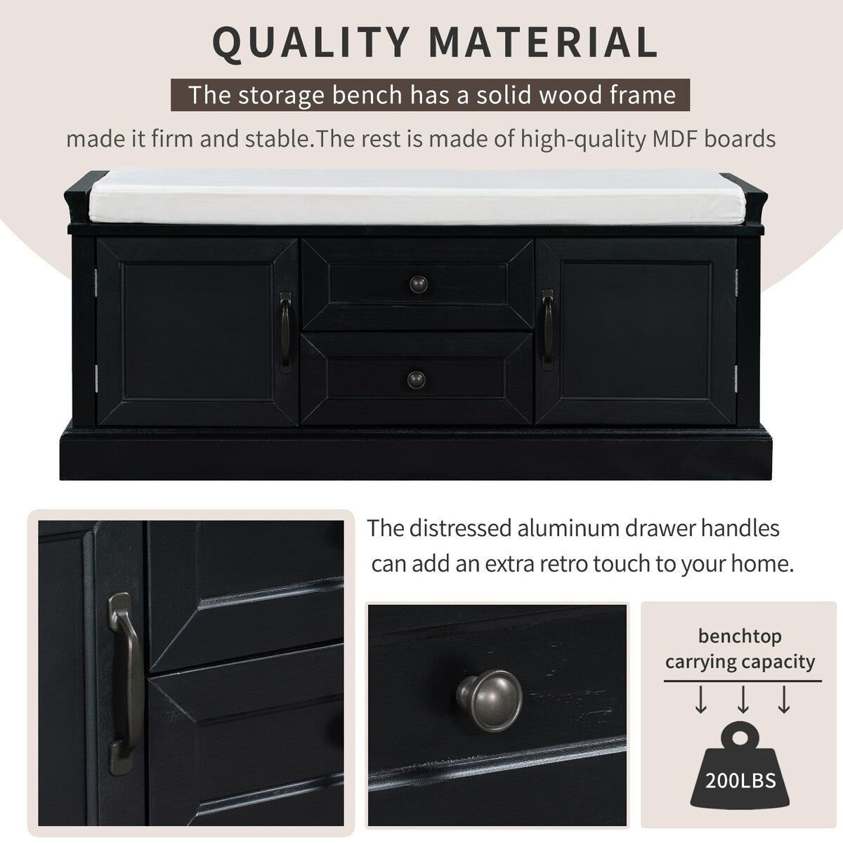 Storage Bench with 2 Drawers and 2 Cabinets, Shoe Bench with Removable Cushion