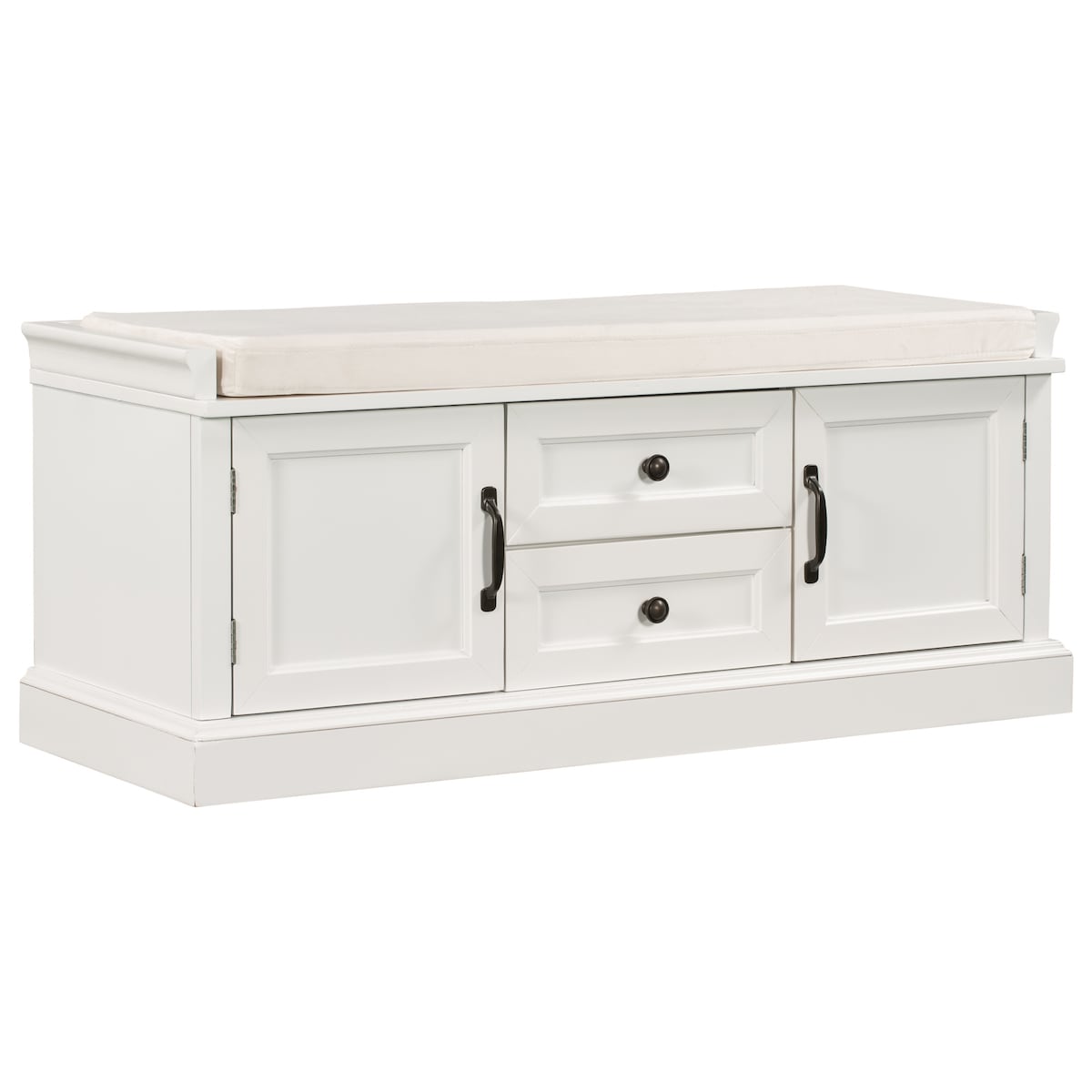 Storage Bench with 2 Drawers and 2 Cabinets, Shoe Bench with Removable Cushion
