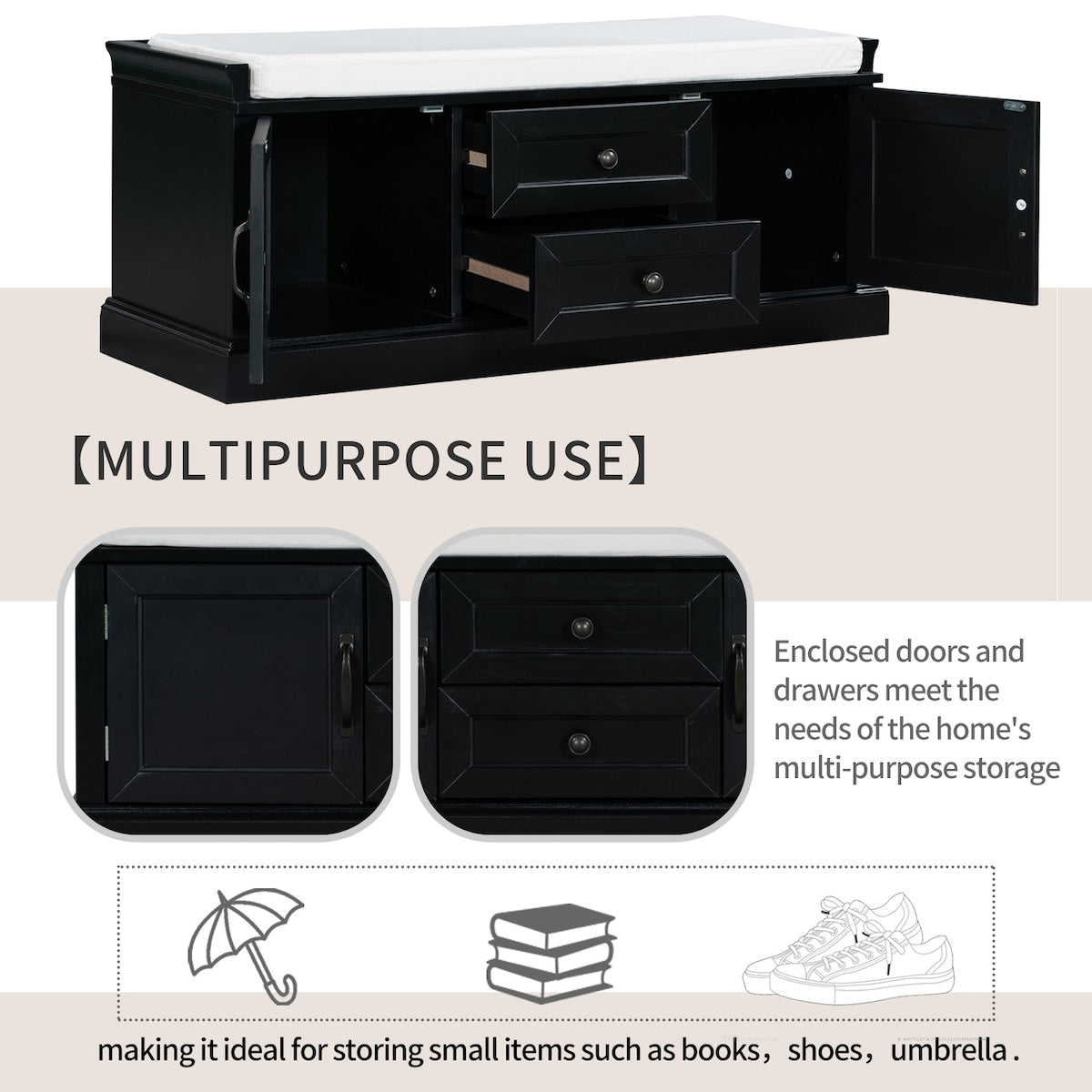 Storage Bench with 2 Drawers and 2 Cabinets, Shoe Bench with Removable Cushion