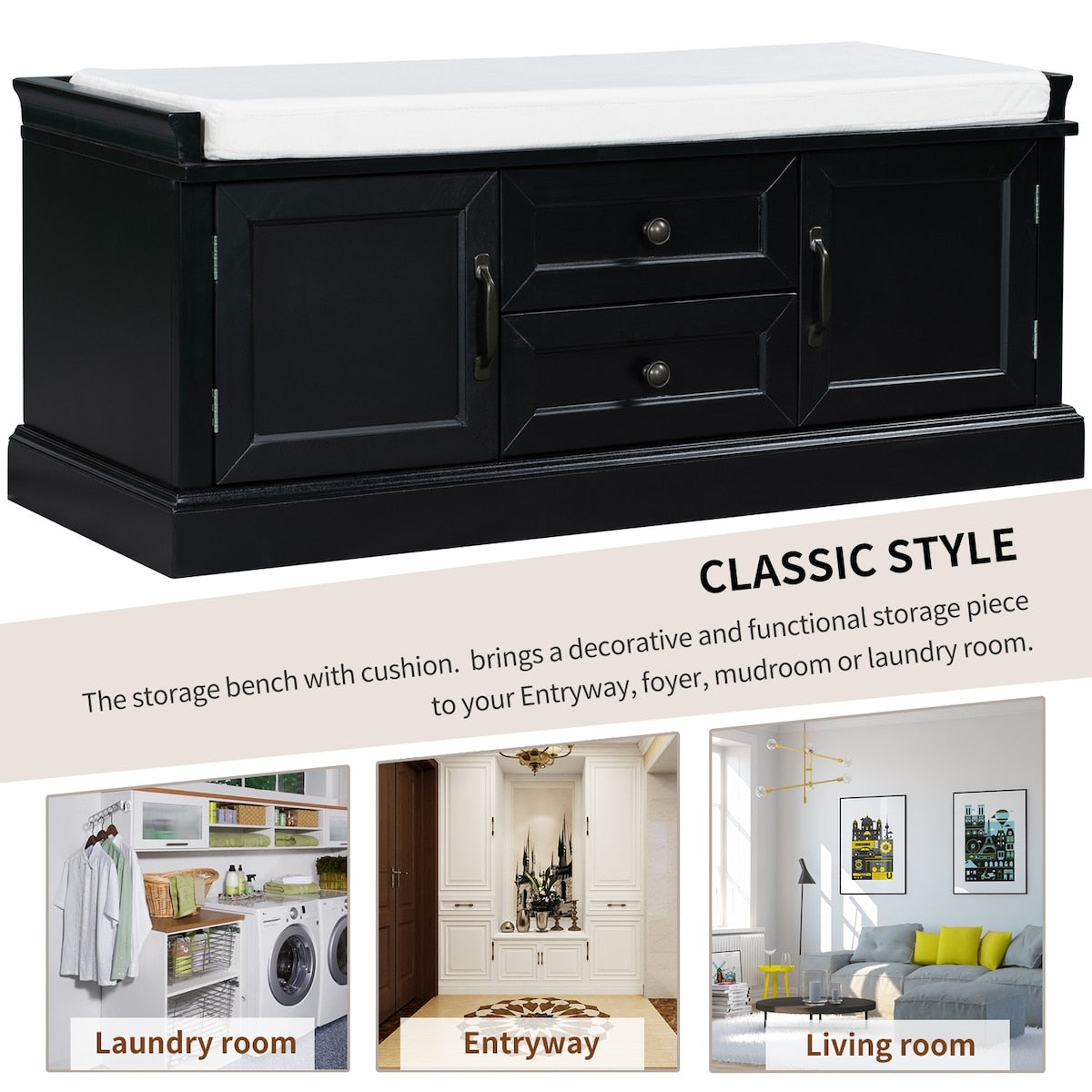 Storage Bench with 2 Drawers and 2 Cabinets, Shoe Bench with Removable Cushion