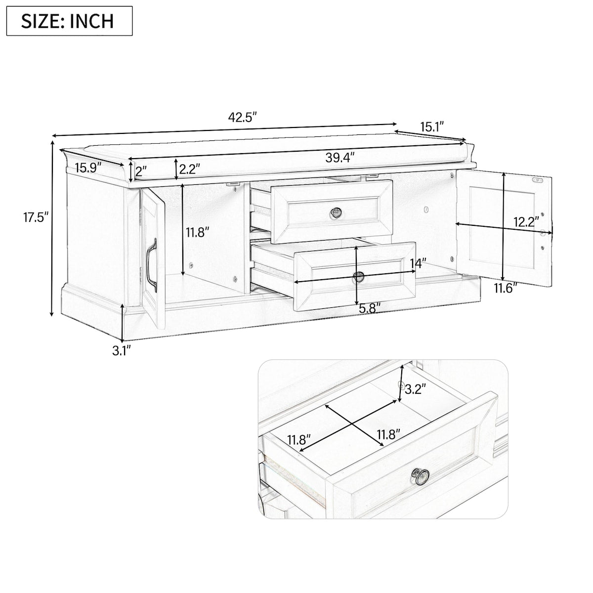 Storage Bench with 2 Drawers and 2 Cabinets, Shoe Bench with Removable Cushion