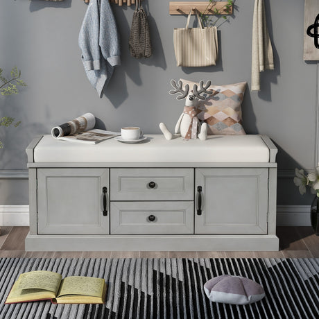 Storage Bench with 2 Drawers and 2 Cabinets, Shoe Bench with Removable Cushion