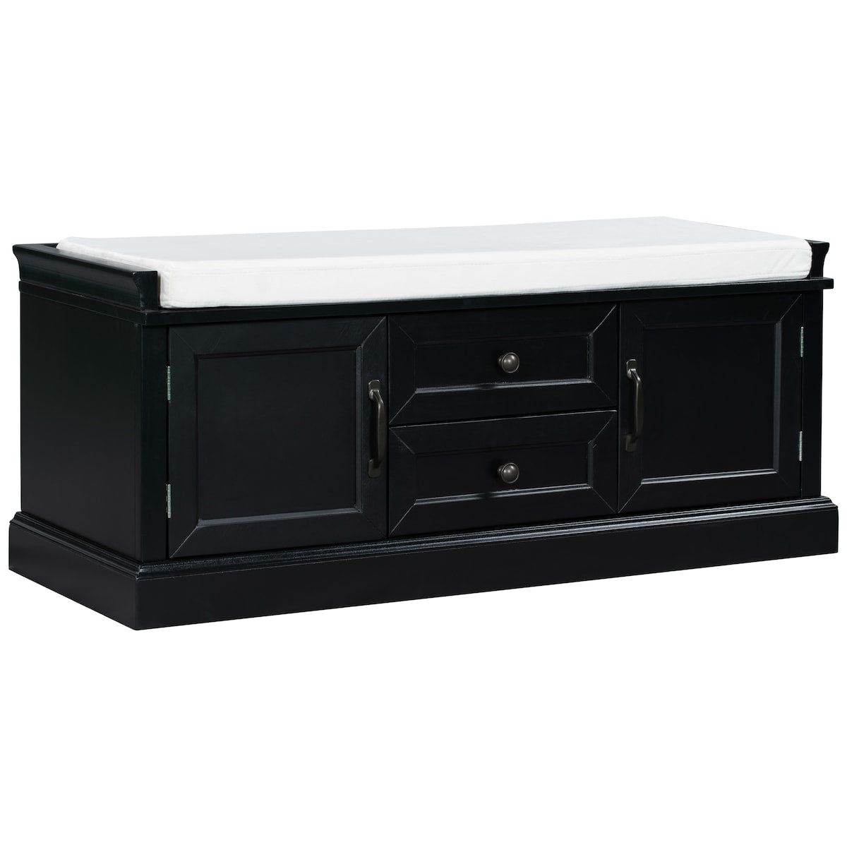 Storage Bench with 2 Drawers and 2 Cabinets, Shoe Bench with Removable Cushion