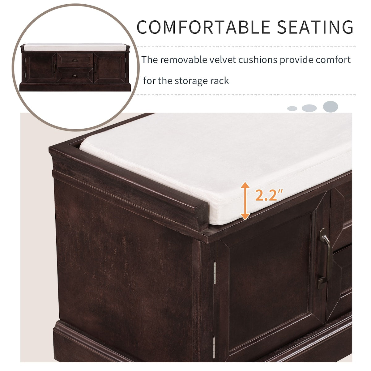 Storage Bench with 2 Drawers and 2 Cabinets, Shoe Bench with Removable Cushion