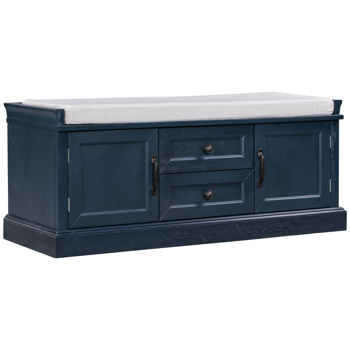 Storage Bench with 2 Drawers and 2 Cabinets, Shoe Bench with Removable Cushion