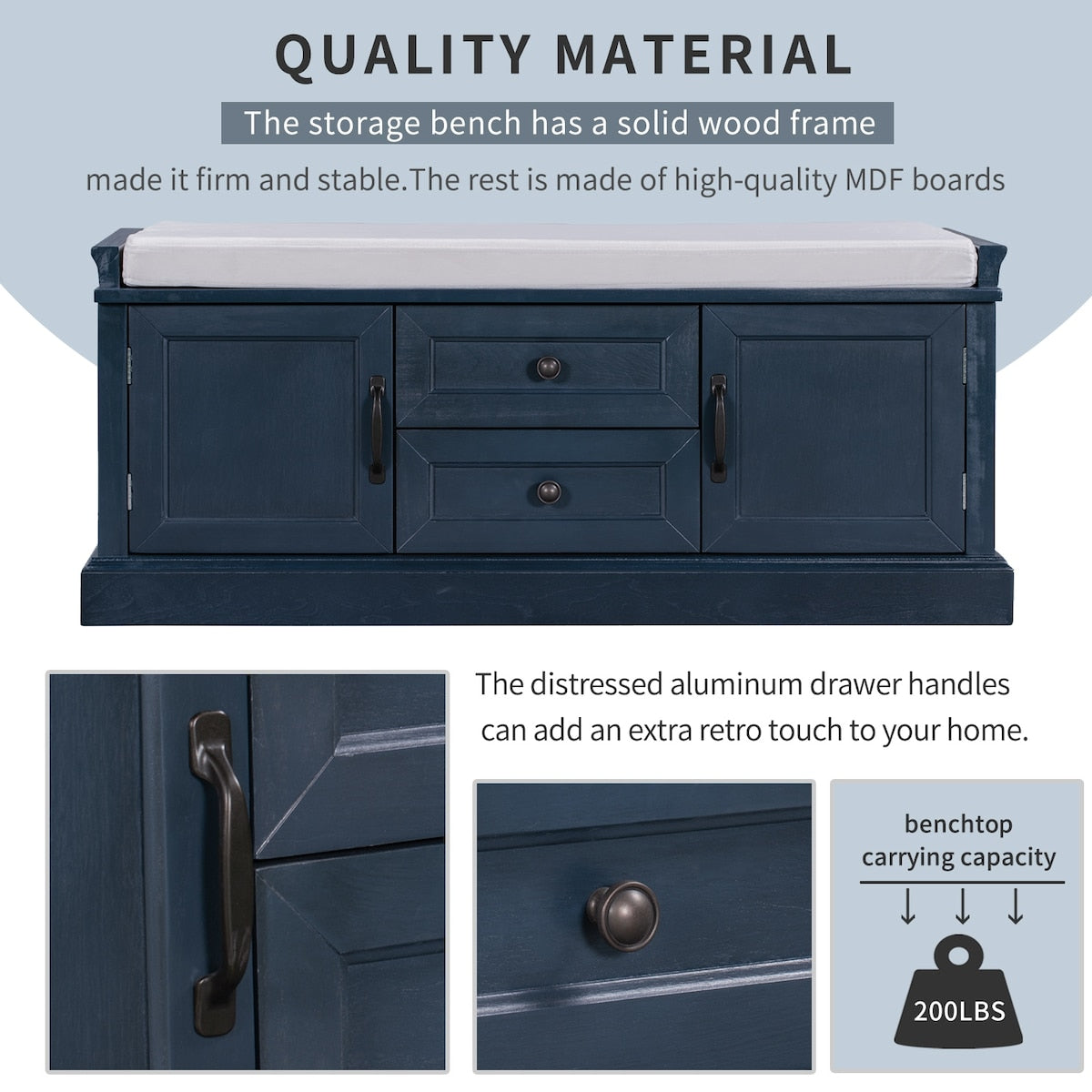 Storage Bench with 2 Drawers and 2 Cabinets, Shoe Bench with Removable Cushion