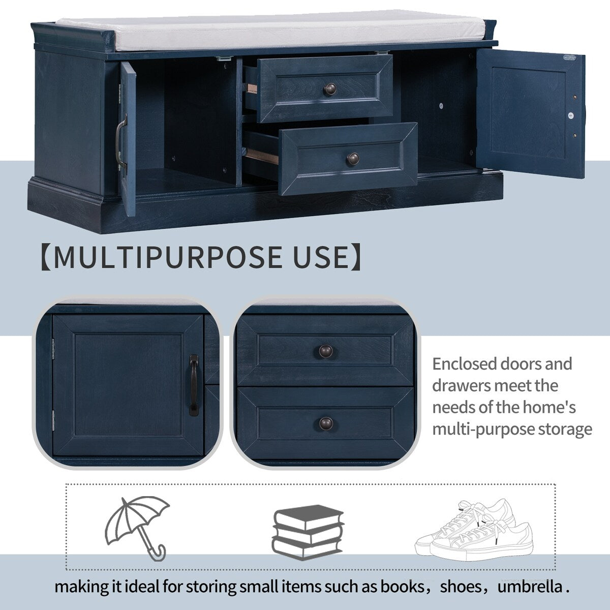 Storage Bench with 2 Drawers and 2 Cabinets, Shoe Bench with Removable Cushion