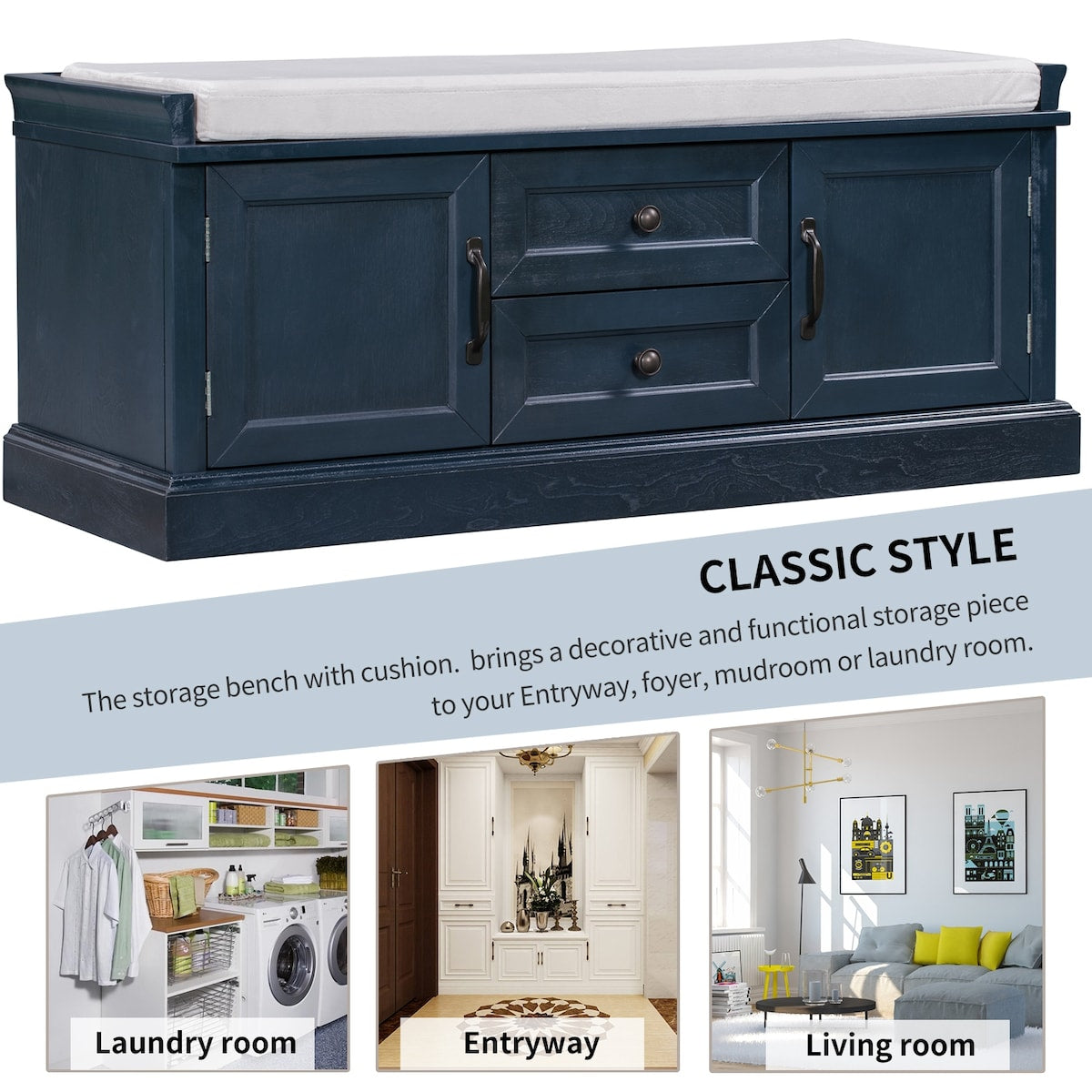 Storage Bench with 2 Drawers and 2 Cabinets, Shoe Bench with Removable Cushion