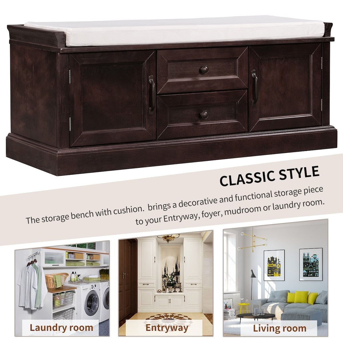 Storage Bench with 2 Drawers and 2 Cabinets, Shoe Bench with Removable Cushion