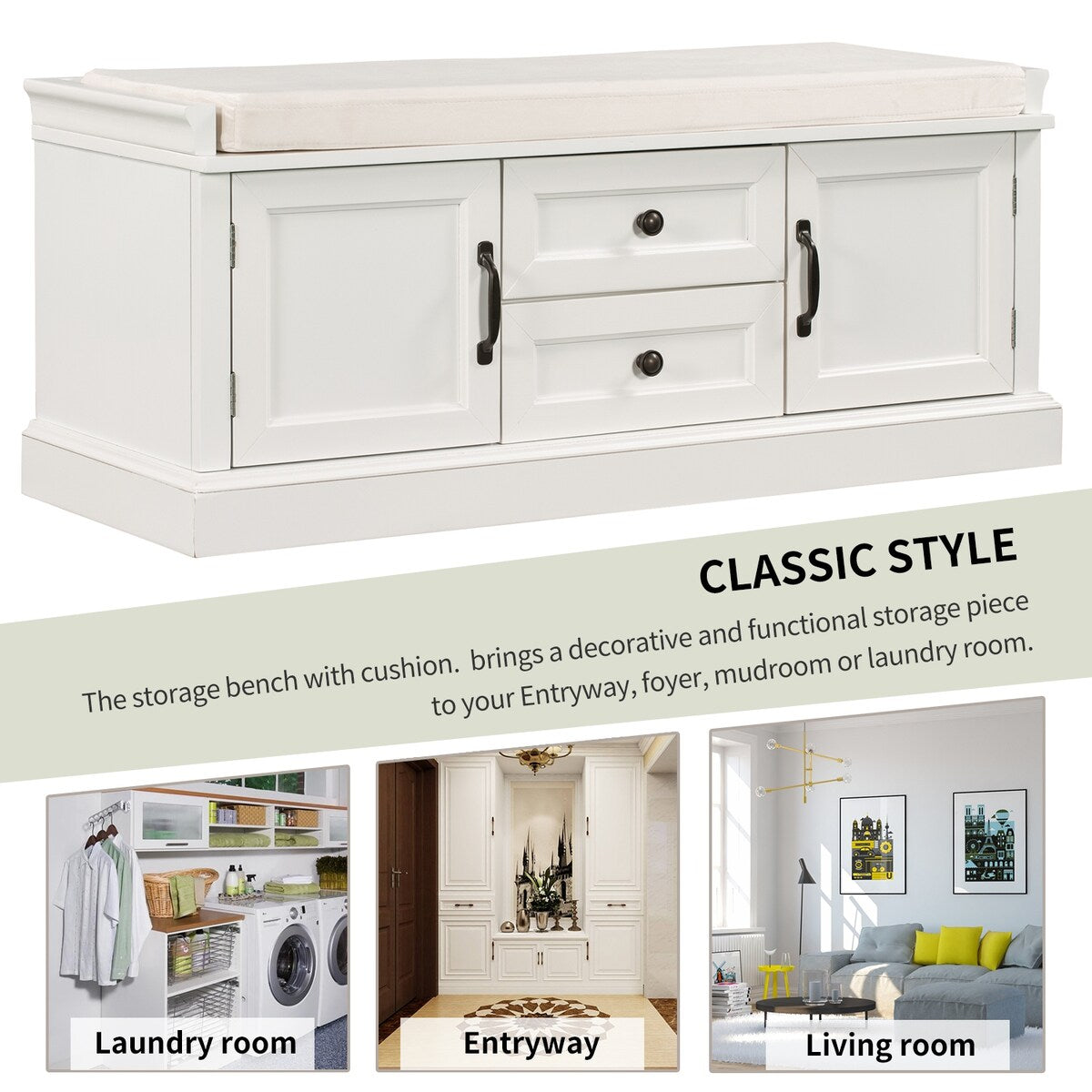 Storage Bench with 2 Drawers and 2 Cabinets, Shoe Bench with Removable Cushion