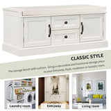 Storage Bench with 2 Drawers and 2 Cabinets, Shoe Bench with Removable Cushion