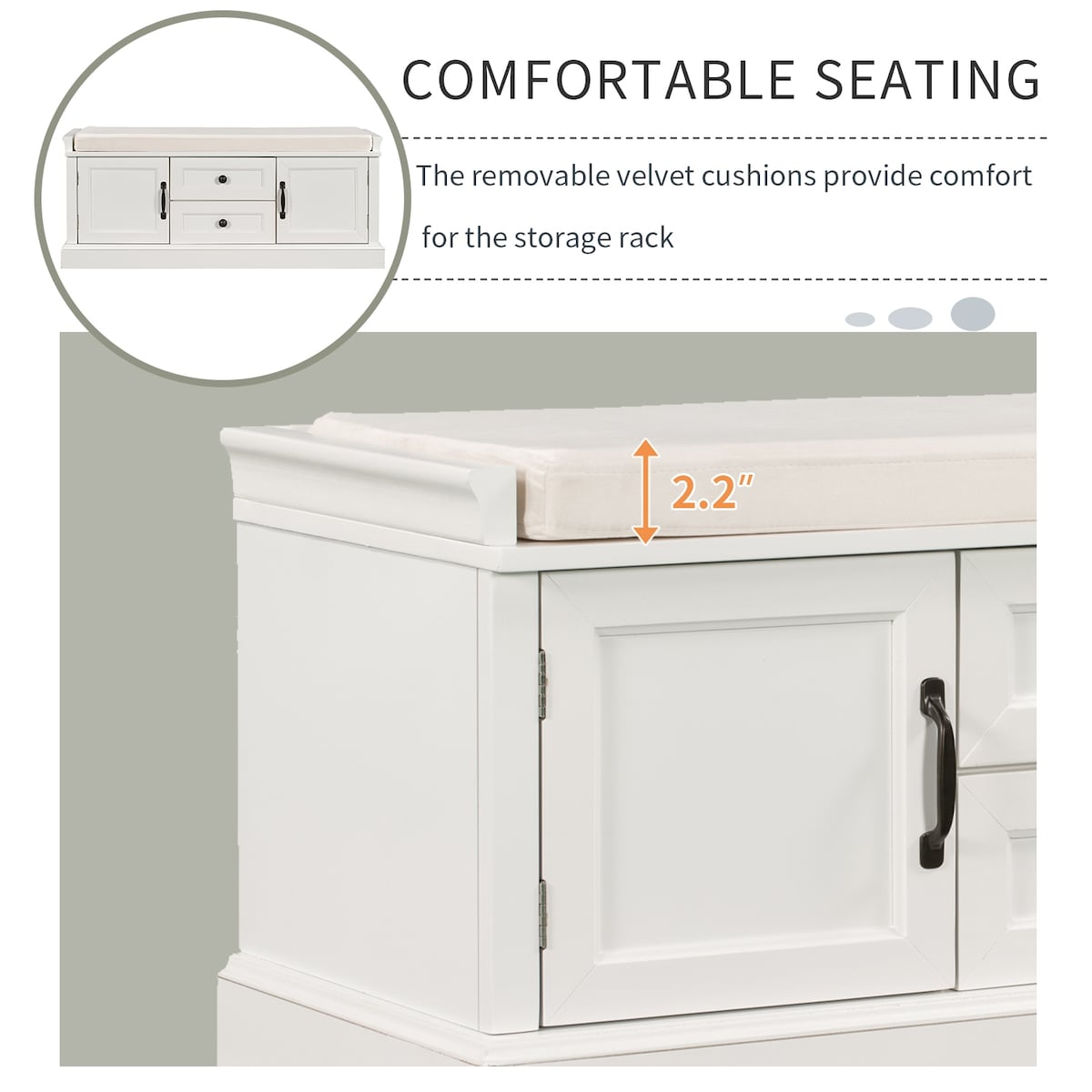 Storage Bench with 2 Drawers and 2 Cabinets, Shoe Bench with Removable Cushion