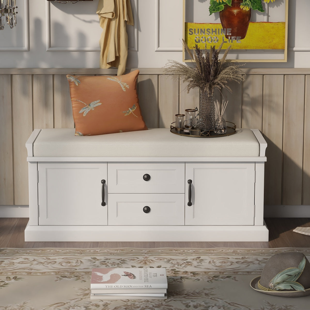 Storage Bench with 2 Drawers and 2 Cabinets, Shoe Bench with Removable Cushion