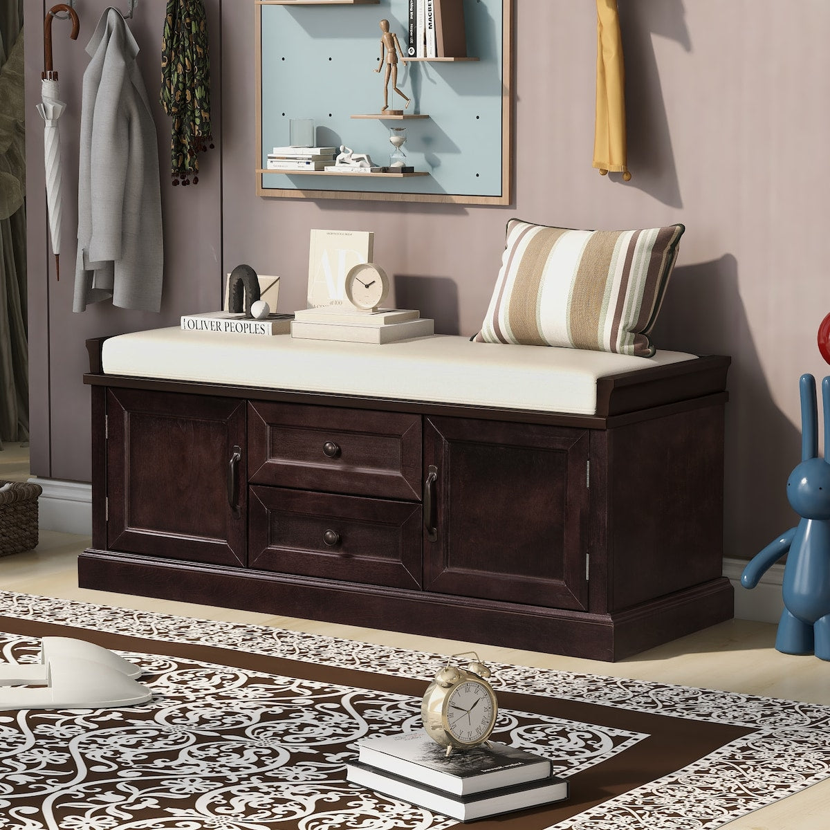 Storage Bench with 2 Drawers and 2 Cabinets, Shoe Bench with Removable Cushion