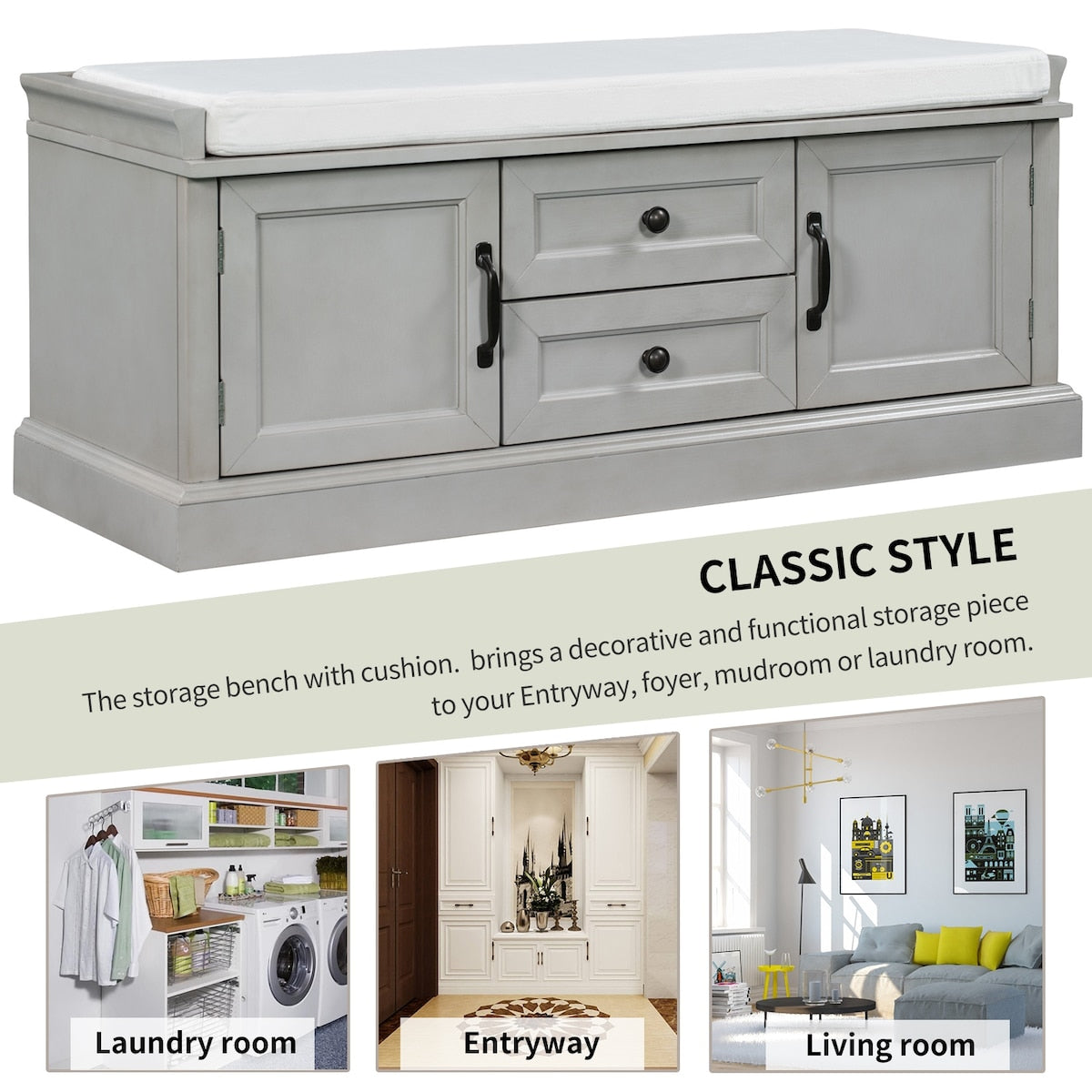 Storage Bench with 2 Drawers and 2 Cabinets, Shoe Bench with Removable Cushion