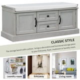 Storage Bench with 2 Drawers and 2 Cabinets, Shoe Bench with Removable Cushion