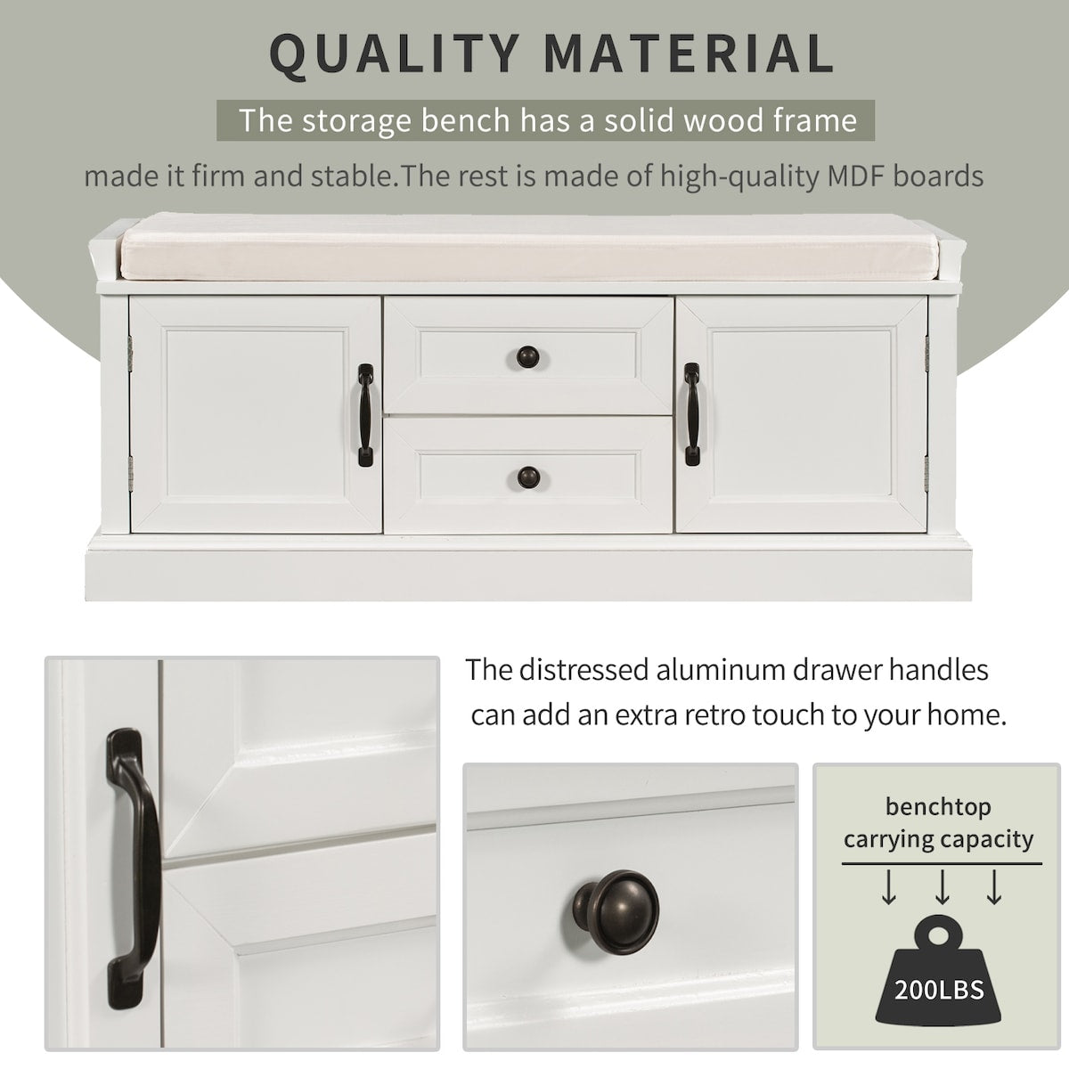 Storage Bench with 2 Drawers and 2 Cabinets, Shoe Bench with Removable Cushion