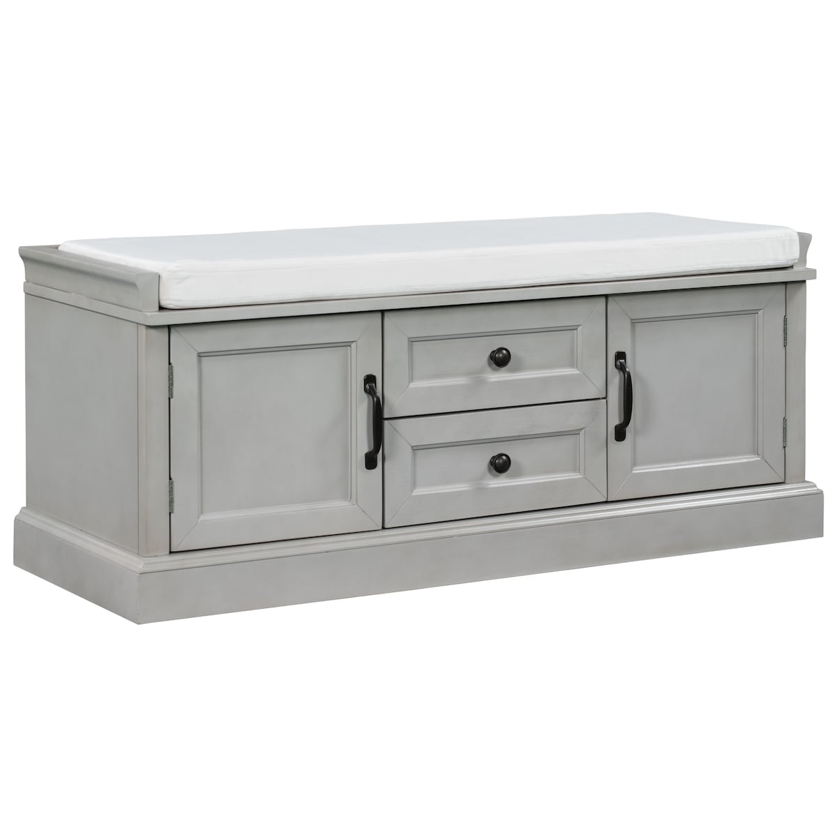 Storage Bench with 2 Drawers and 2 Cabinets, Shoe Bench with Removable Cushion