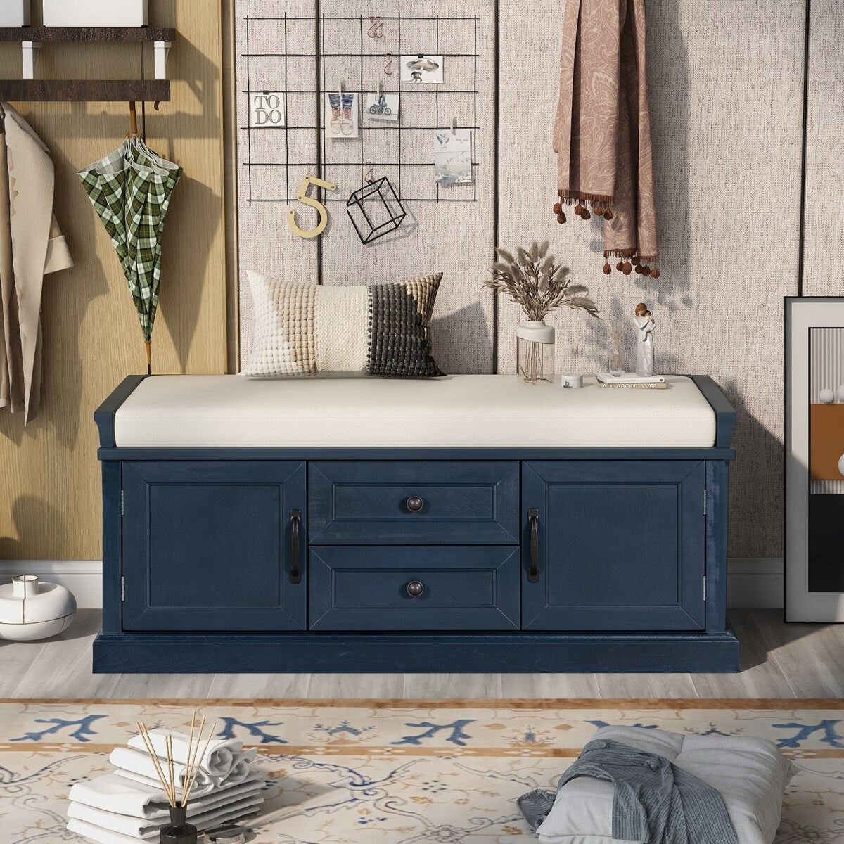 Storage Bench with 2 Drawers and 2 Cabinets, Shoe Bench with Removable Cushion