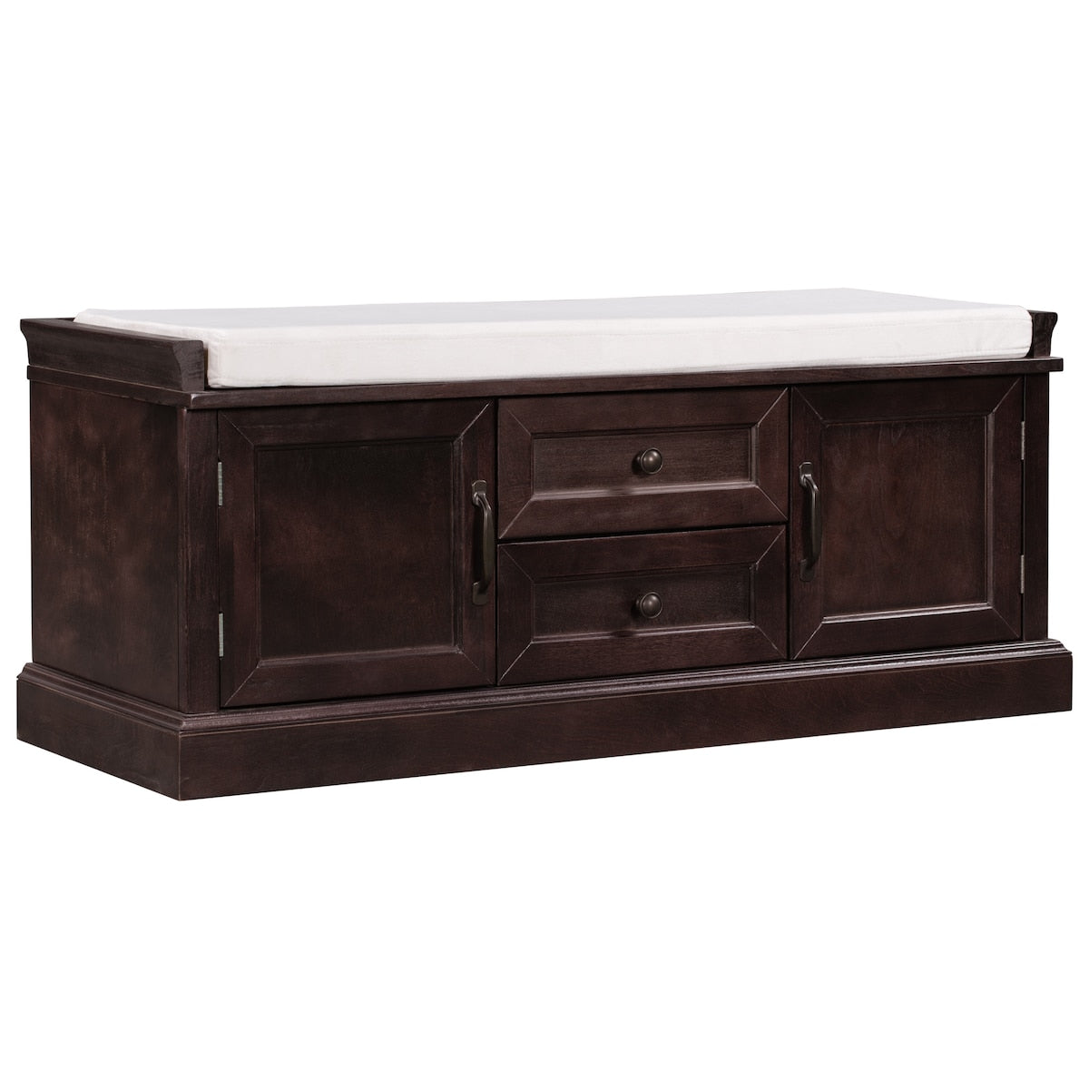 Storage Bench with 2 Drawers and 2 Cabinets, Shoe Bench with Removable Cushion