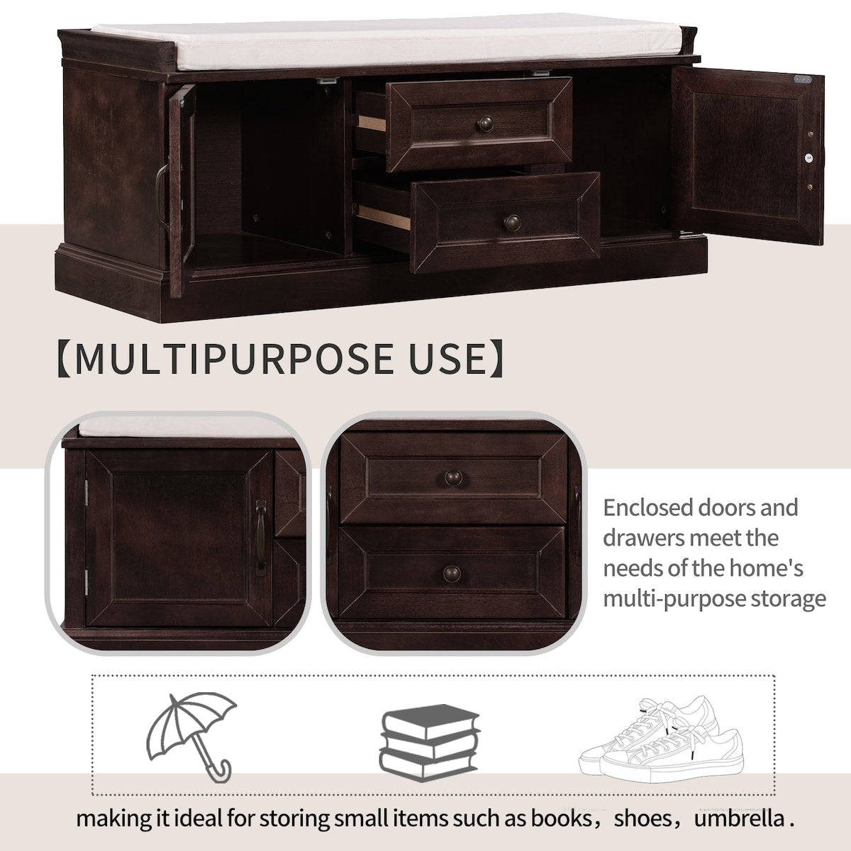 Storage Bench with 2 Drawers and 2 Cabinets, Shoe Bench with Removable Cushion