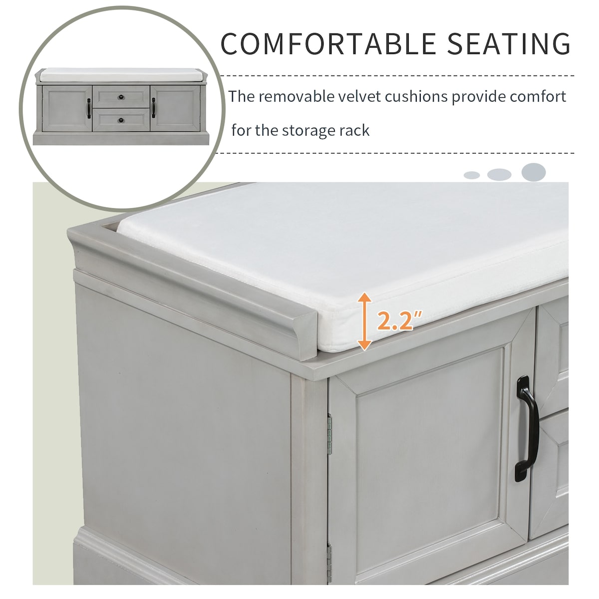 Storage Bench with 2 Drawers and 2 Cabinets, Shoe Bench with Removable Cushion