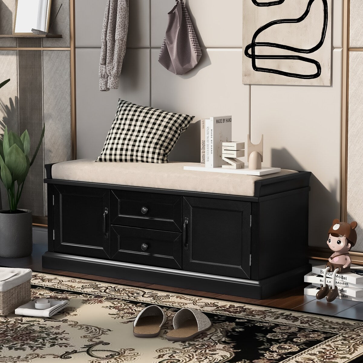 Storage Bench with 2 Drawers and 2 Cabinets, Shoe Bench with Removable Cushion