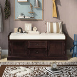 Storage Bench with 2 Drawers and 2 Cabinets, Shoe Bench with Removable Cushion
