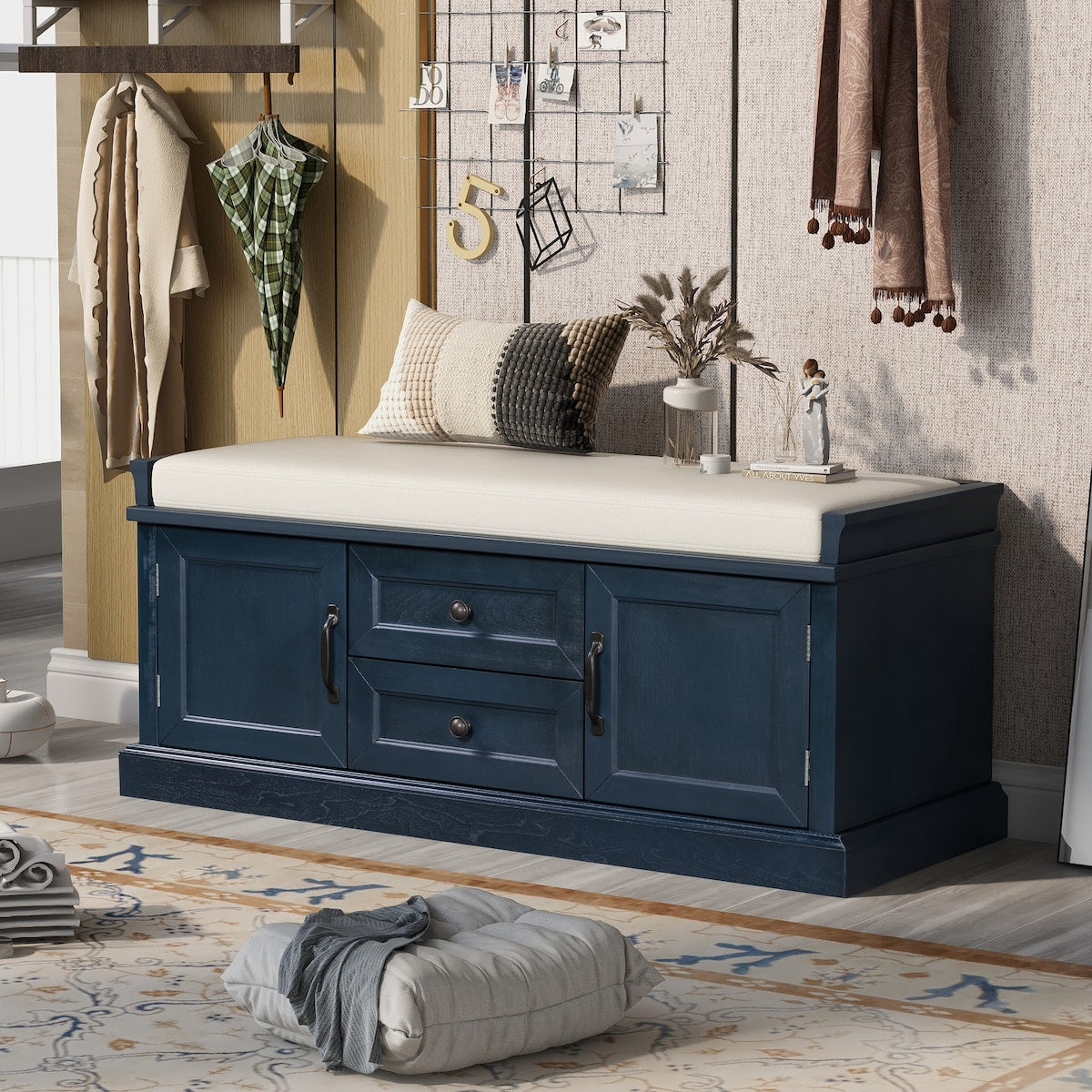 Storage Bench with 2 Drawers and 2 Cabinets, Shoe Bench with Removable Cushion
