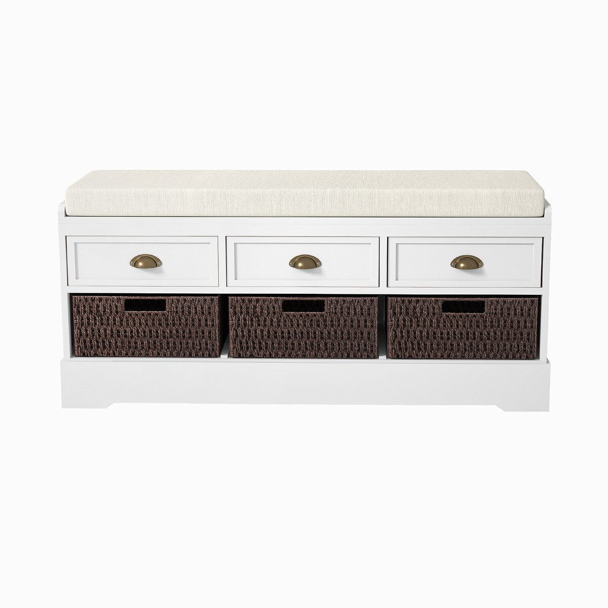 Storage Bench with 3 Drawers, 3 Rattan Baskets and Removable Cushion White