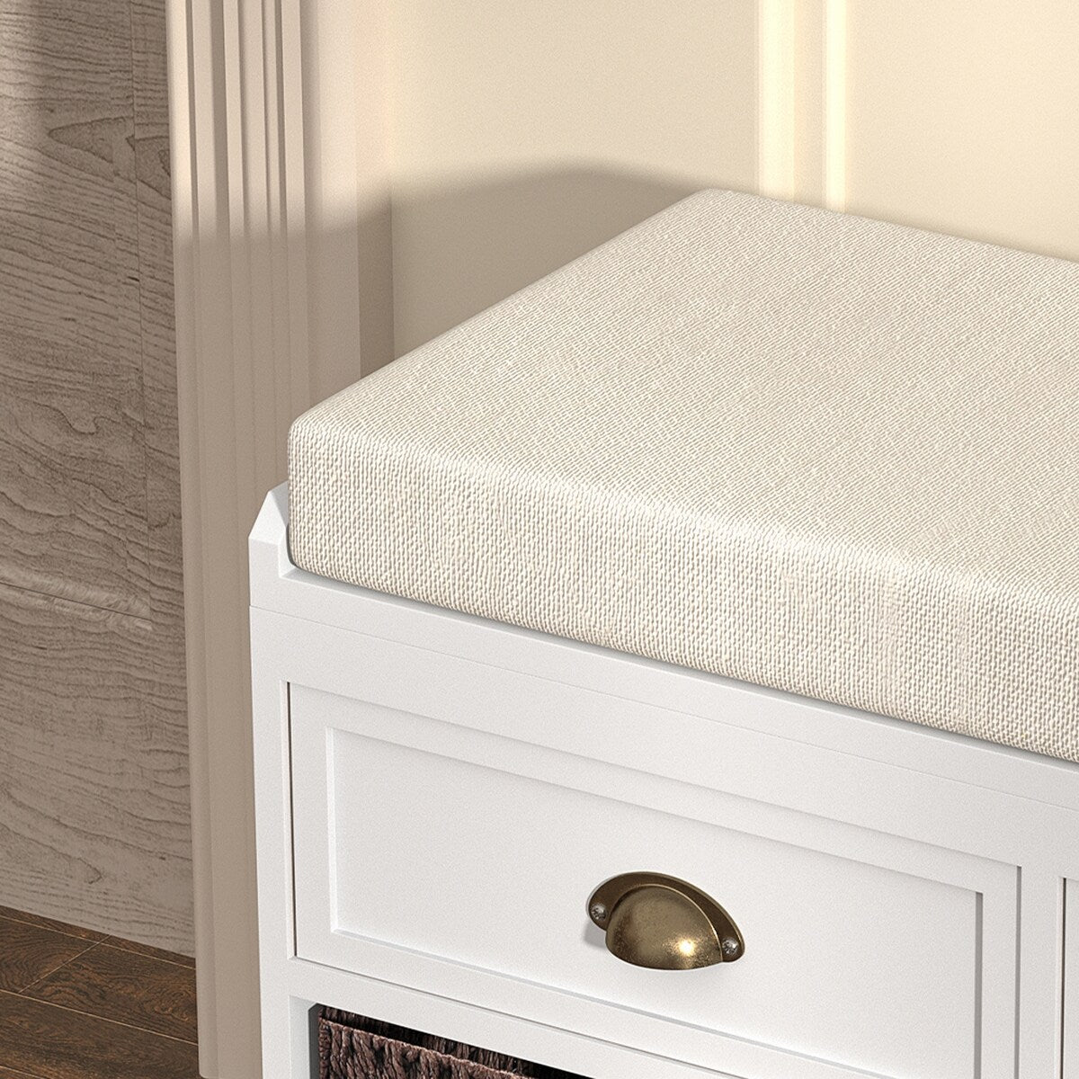 Storage Bench with 3 Drawers, 3 Rattan Baskets and Removable Cushion White