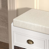 Storage Bench with 3 Drawers, 3 Rattan Baskets and Removable Cushion White