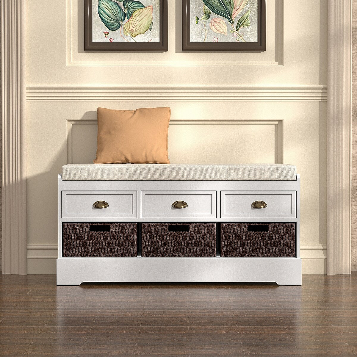 Storage Bench with 3 Drawers, 3 Rattan Baskets and Removable Cushion White