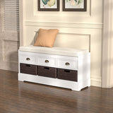 Storage Bench with 3 Drawers, 3 Rattan Baskets and Removable Cushion White