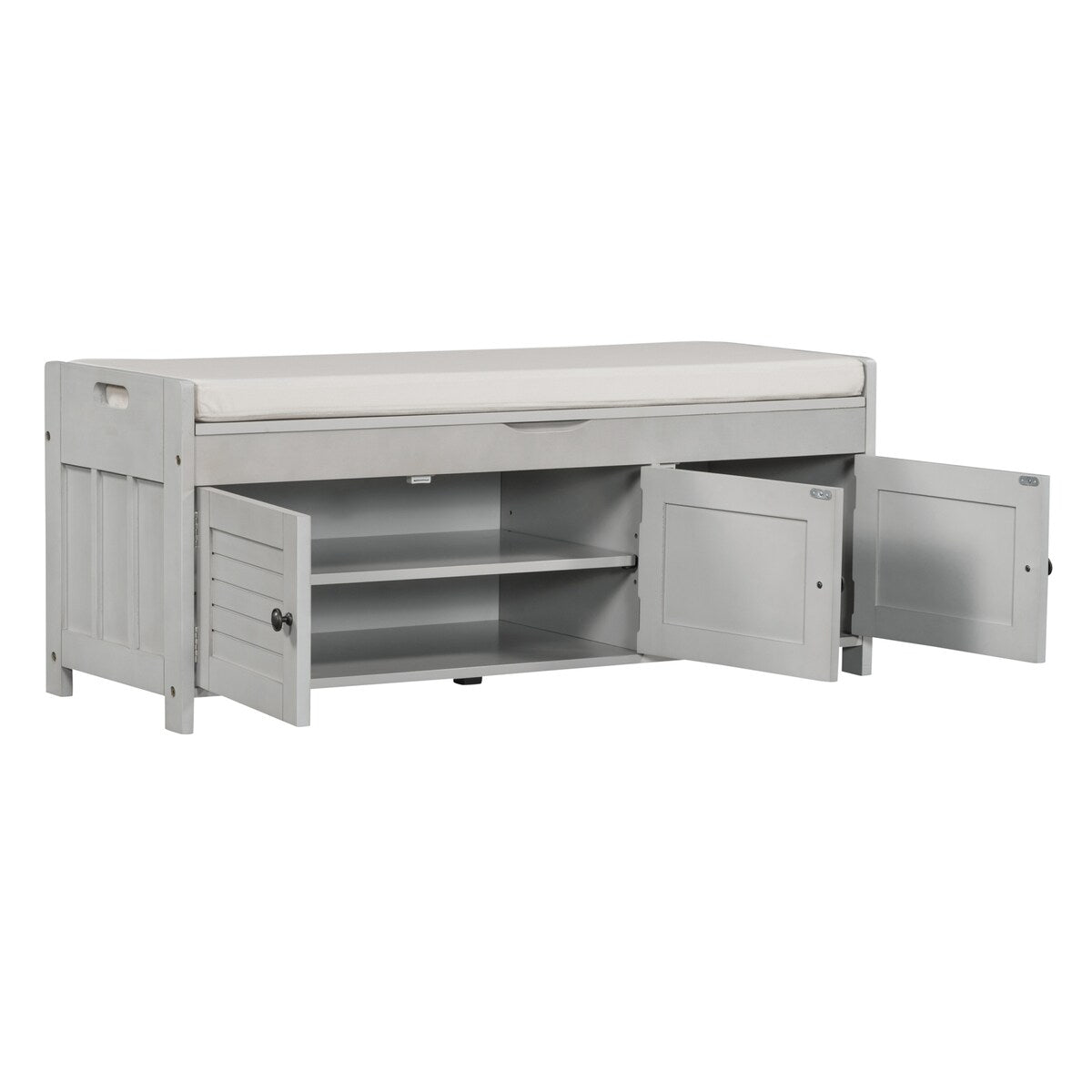 Storage Bench with 3 Shutter-shaped Doors, Removable Cushion and Hidden Storage Space - 43.5"L x 16"W x 18"H