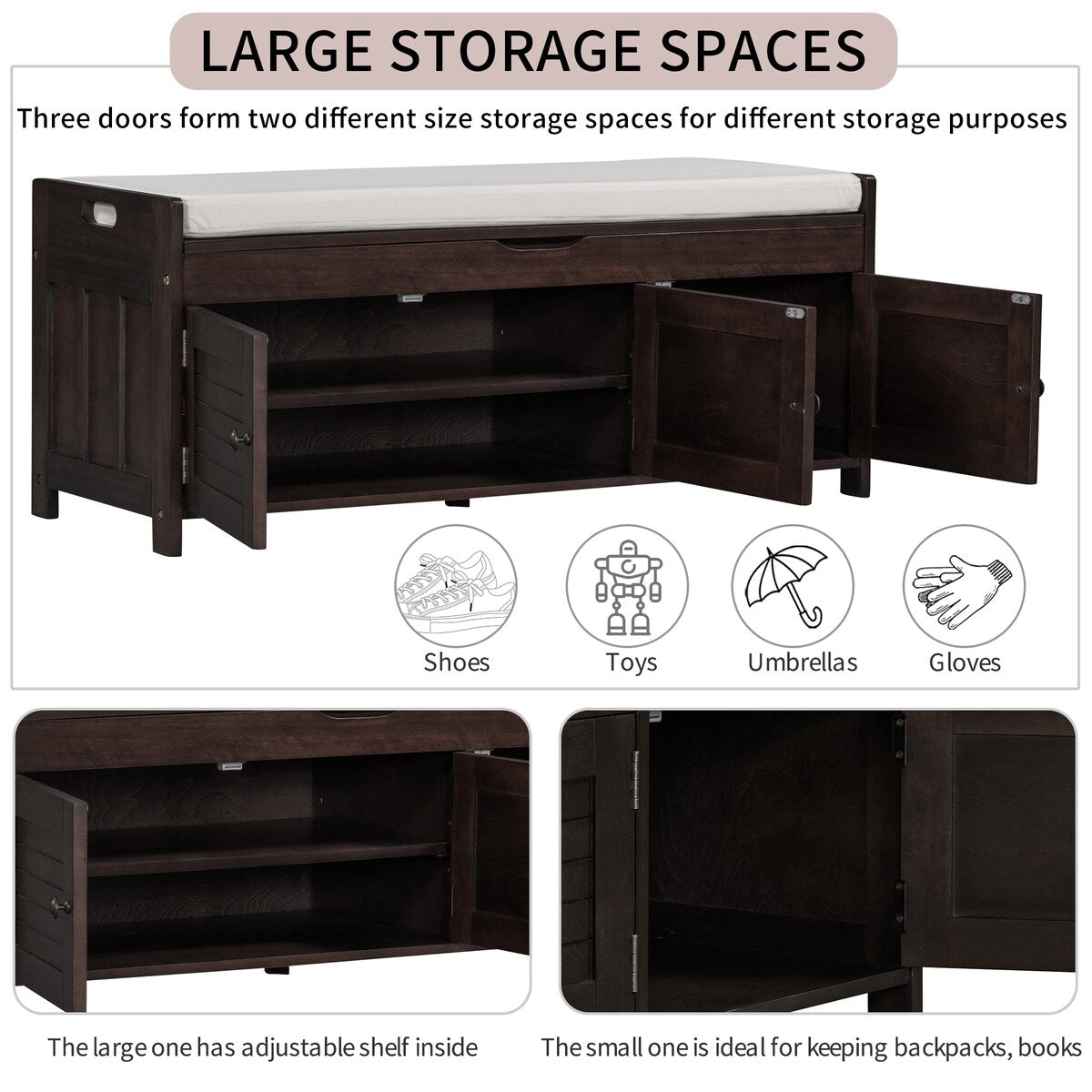 Storage Bench with 3 Shutter-shaped Doors, Removable Cushion and Hidden Storage Space - 43.5"L x 16"W x 18"H