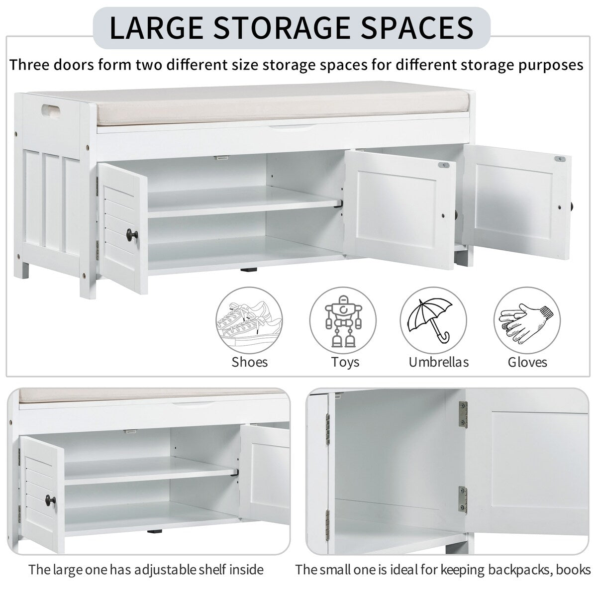 Storage Bench with 3 Shutter-shaped Doors, Removable Cushion and Hidden Storage Space - 43.5"L x 16"W x 18"H