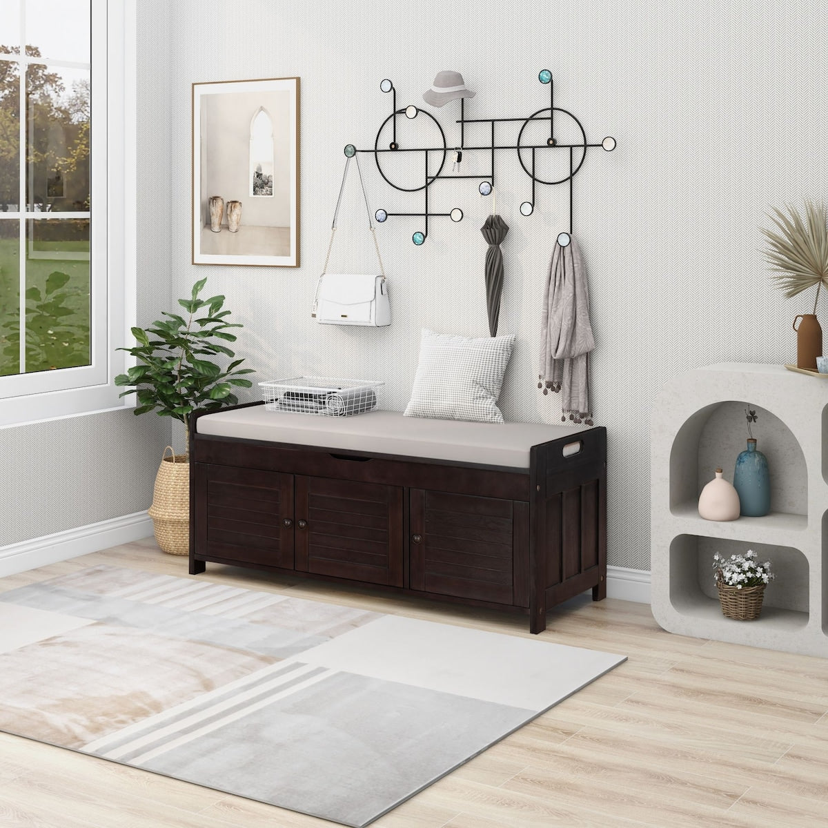 Storage Bench with 3 Shutter-shaped Doors, Shoe Bench with Removable Cushion and Hidden Storage Space