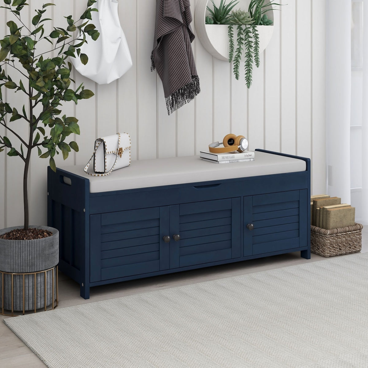 Storage Bench with 3 Shutter-shaped Doors, Shoe Bench with Removable Cushion and Hidden Storage Space