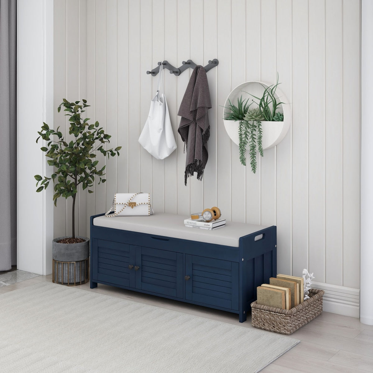 Storage Bench with 3 Shutter-shaped Doors, Shoe Bench with Removable Cushion and Hidden Storage Space