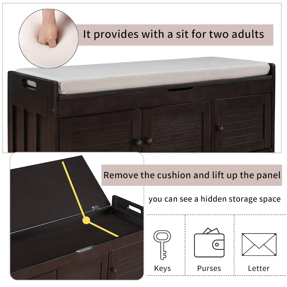 Storage Bench with 3 Shutter-shaped Doors, Shoe Bench with Removable Cushion and Hidden Storage Space