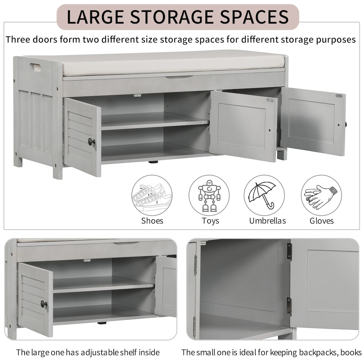 Storage Bench with 3 Shutter-shaped Doors, Shoe Bench with Removable Cushion and Hidden Storage Space