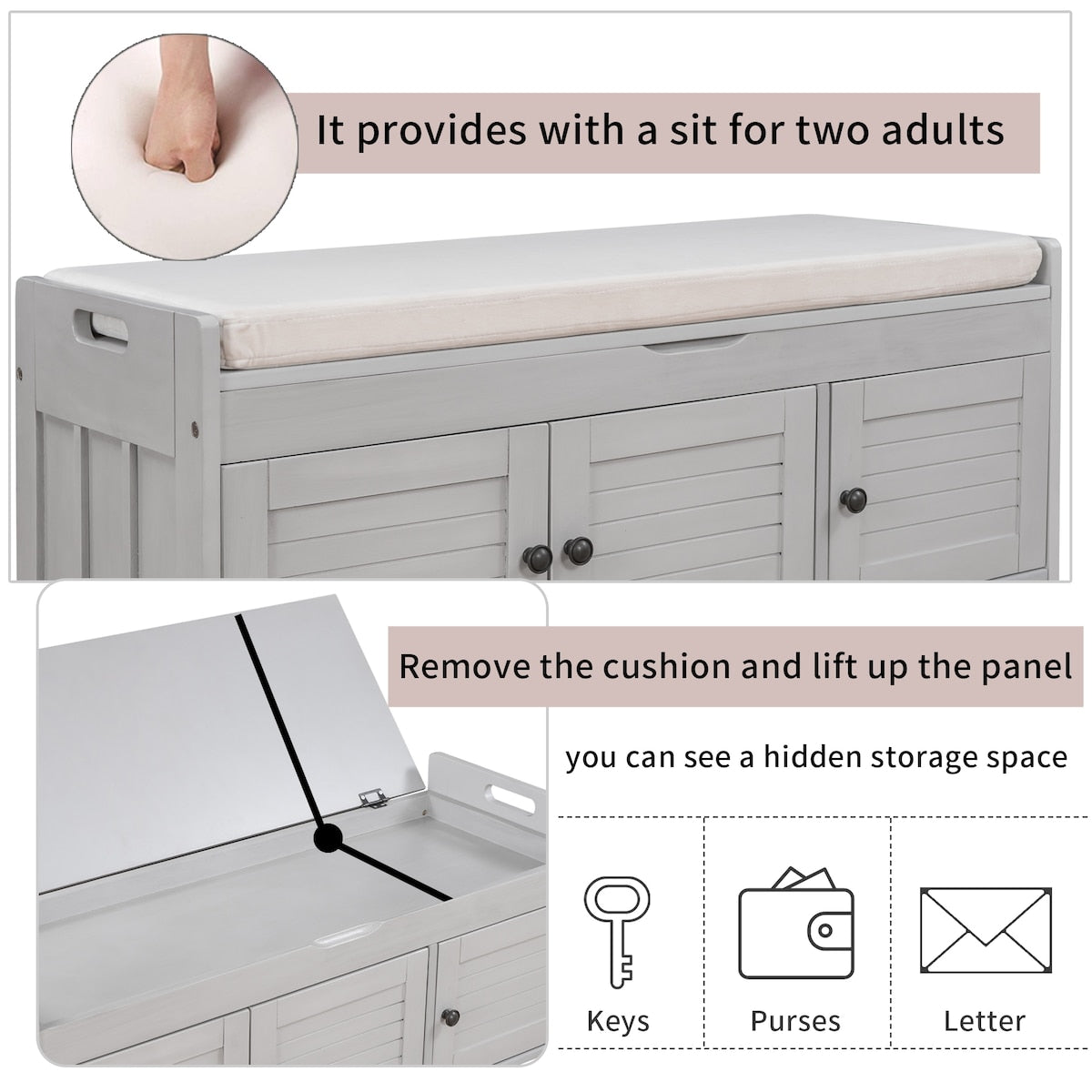 Storage Bench with 3 Shutter-shaped Doors, Shoe Bench with Removable Cushion and Hidden Storage Space