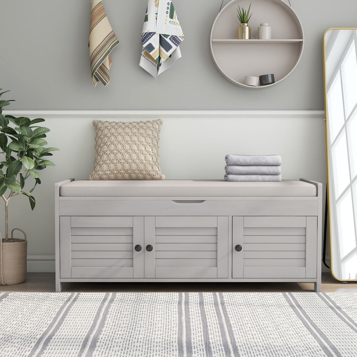 Storage Bench with 3 Shutter-shaped Doors, Shoe Bench with Removable Cushion and Hidden Storage Space